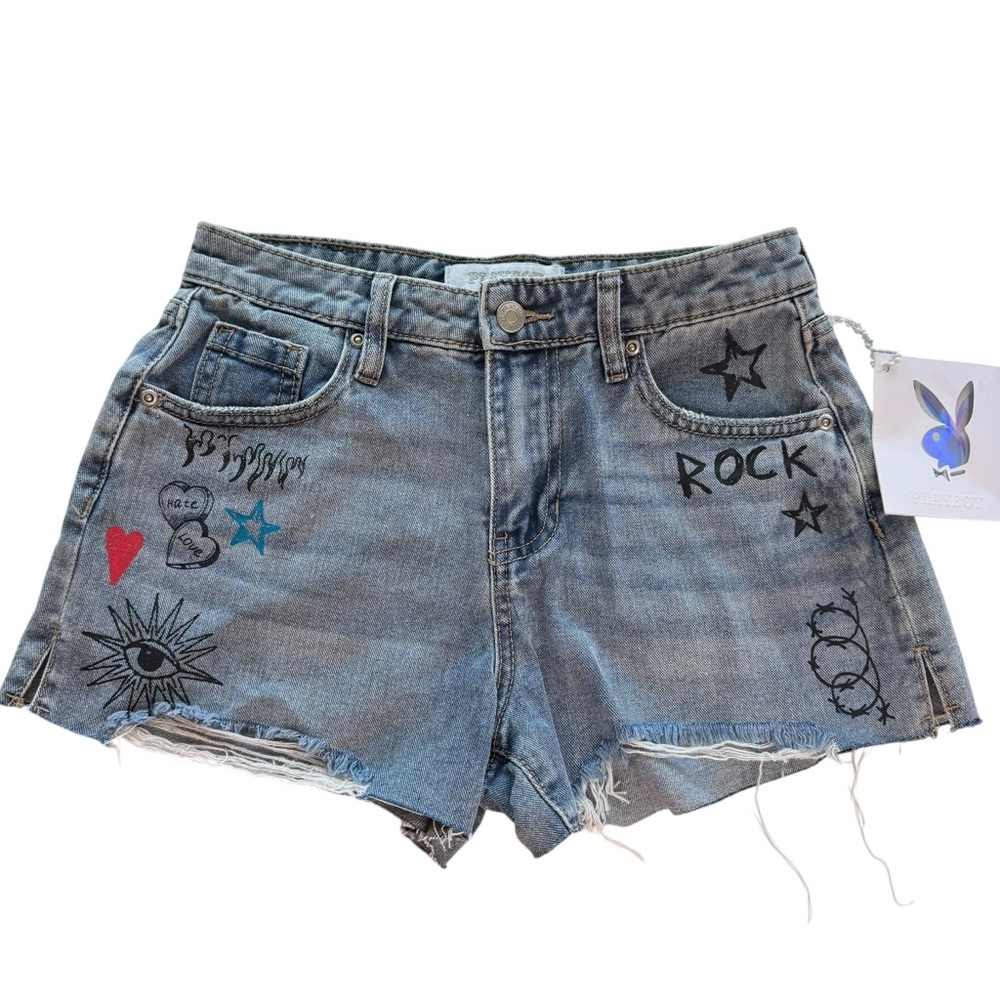 Playboy Denim Shorts Sz 3 Distressed Graffiti Doodle Rock Star Cutoffs